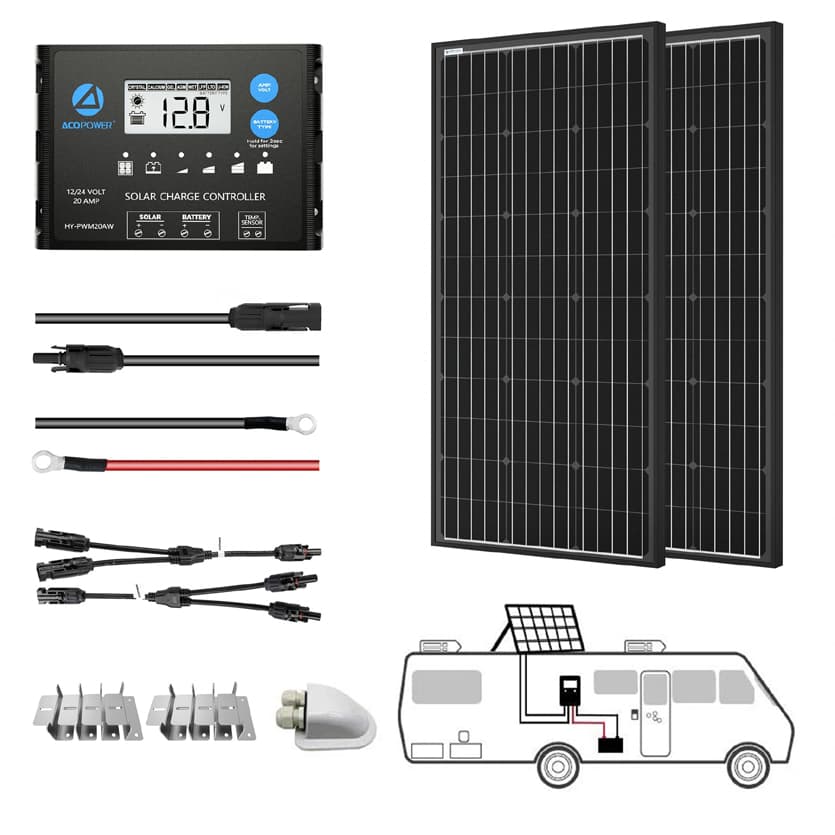 ACO Power 200W Monocrystalline 12V/24V Solar RV Kit - 20A PWM Charge Controller