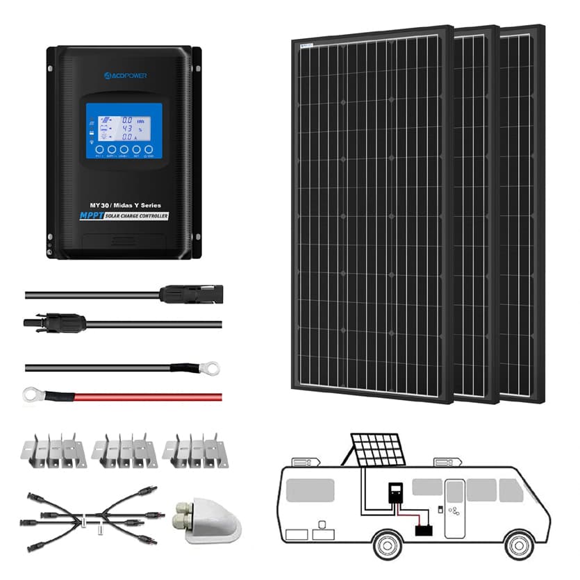 ACO Power 300W Monocrystalline 12V Solar RV Kit - 30A MPPT Charge Controller