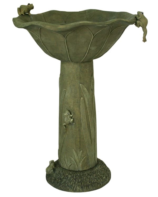 Acadia Solar Birdbath with Olive Green Finish and Well-crafted Frog Sculptures