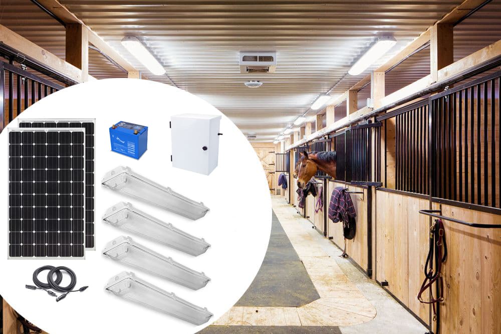 Earthtech Products Barn and Outbuilding Lighting Kit 4 - 4 Lights (9,516 Lumens), 200W Solar Panel, (2) 85 Ah Battery