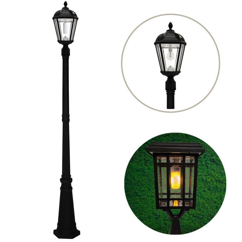 Gama Sonic Flicker Flame Royal Solar Lamp Post - Includes Both Warm White GS Bulb and Free Flicker Flame Bulb - Black