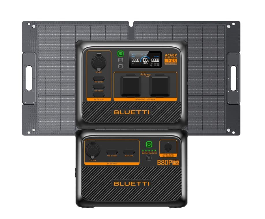 Bluetti AC60P Portable Power Station & B80P Expansion Battery Solar Kit - Includes 100W Solar Panel
