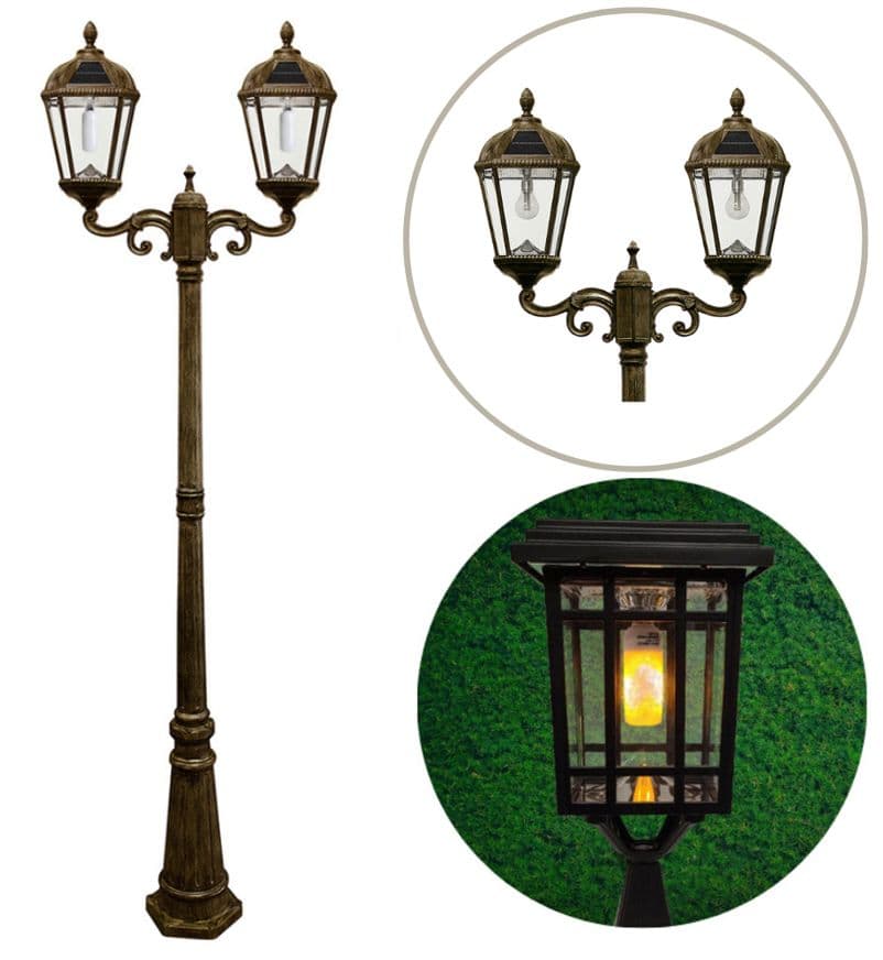 Gama Sonic Double Head Flicker Flame Royal Solar Lamp Post - Includes Both Warm White GS Bulb and Free Flicker Flame Bulb