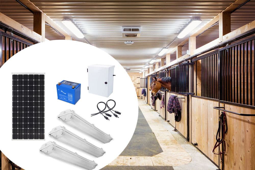 Earthtech Products Barn and Outbuilding Lighting Kit 3 - 3 Lights (7,137 Lumens), (1) 200W Solar Panel, 115 Ah Battery