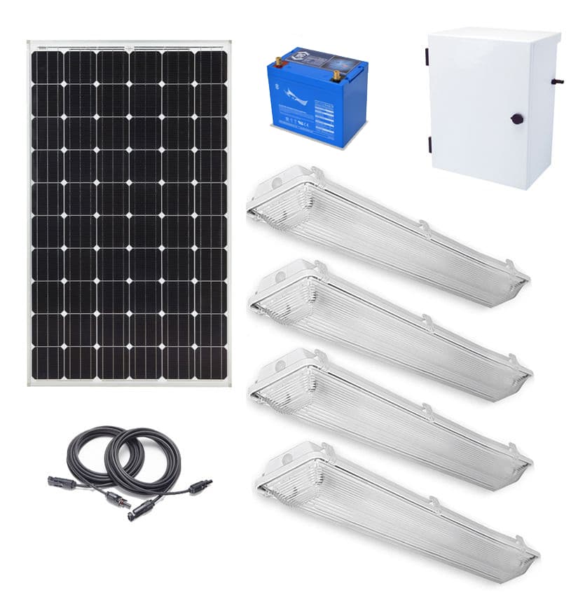 Earthtech Products Shipping Container Lighting Kit 4 - (4) Lights (9,516 Lumens), (1) 200W Solar Panel, (1) 85 Ah Battery