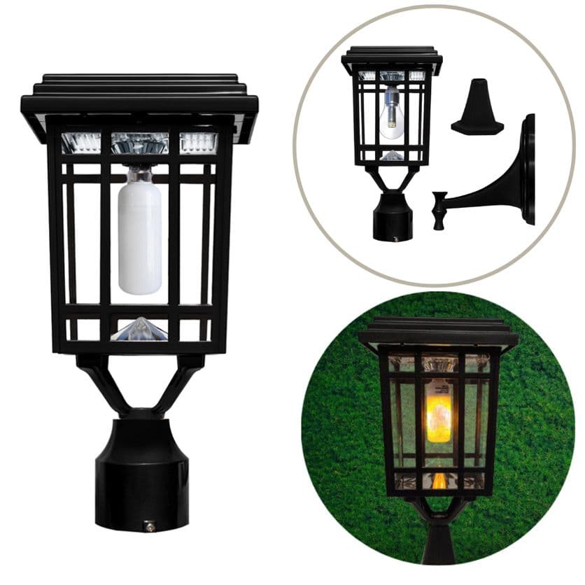 Gama Sonic Prairie Solar Lamp with 3 inch Fitter - Includes Both Warm White GS Bulb and Free Flicker Flame Bulb - Black